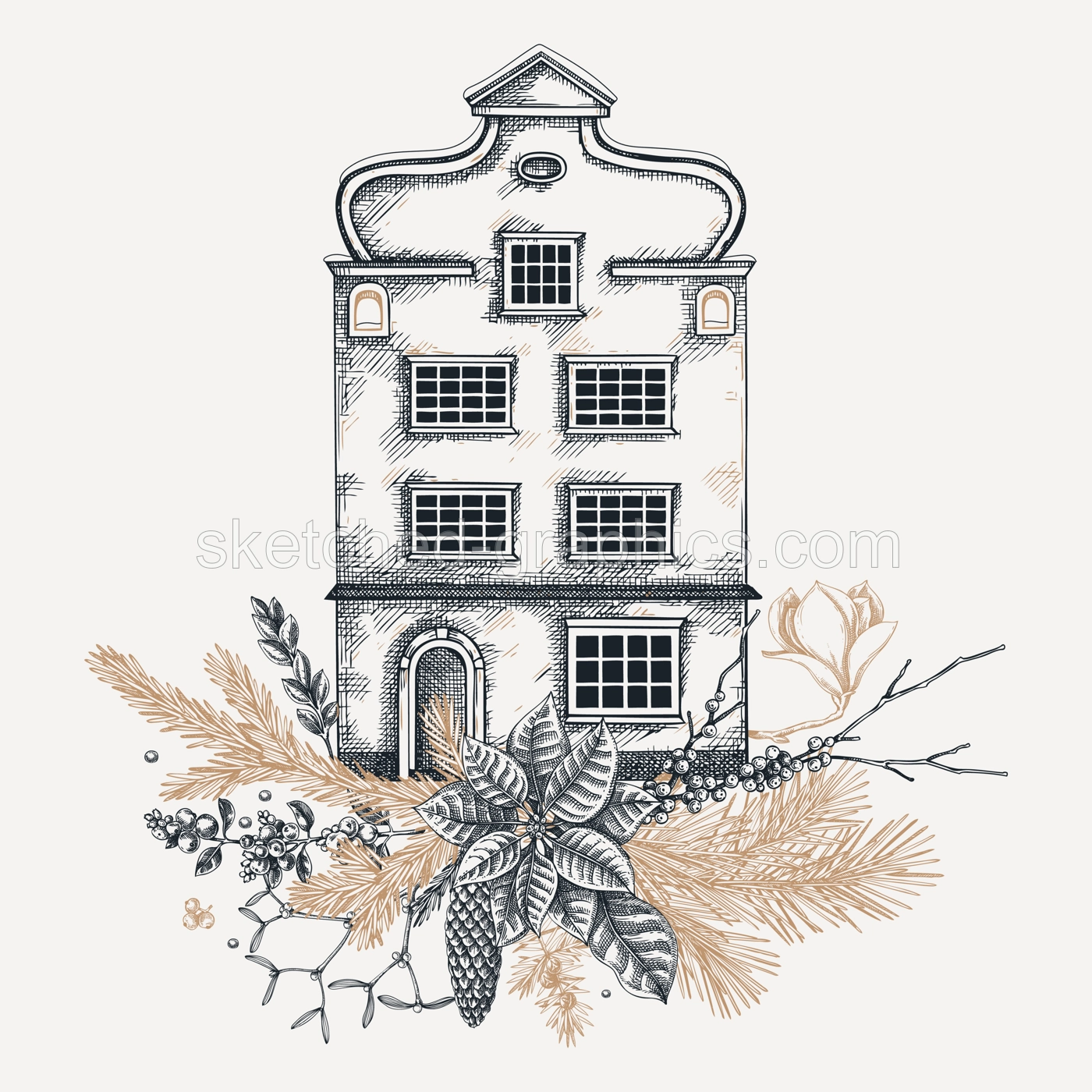 Christmas card design. Architecture sketch. Vintage house drawing. European winter hand-drawn vector illustration. Floral art. NOT AI generated Illustration